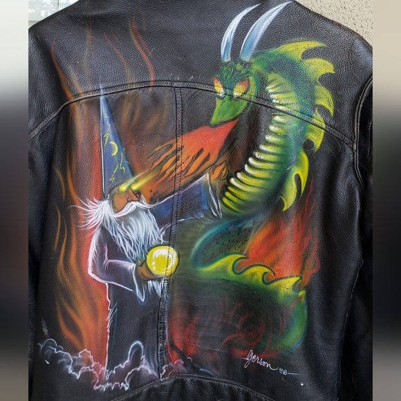 Vintage Leather Jacket Wizard vs Dragon Hand Painted Thurlow Leatherworld - Picture 3 of 9